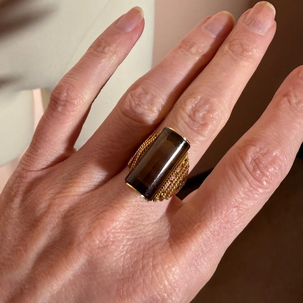 Vintage art deco Smoky Quartz cabochon gold plated oversized cocktail Ring